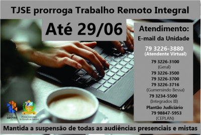 TJSE prorroga trabalho remoto integral até 29/06