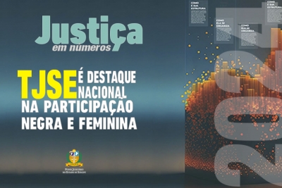 Card em azul com gráfico ao fundo e o texto Justiça em Números 2024 - TJSE é destaque nacional na participação negra e feminina