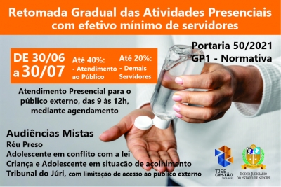 Com efetivo mínimo, TJSE inicia retorno gradual das atividades presenciais a partir de 30/06