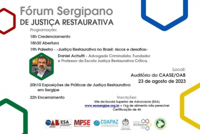 Fórum Sergipano de Justiça Restaurativa será realizado no dia 23 de agosto. Inscreva-se!