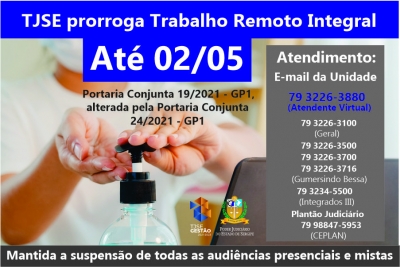 TJSE prorroga trabalho remoto integral até o dia 02/05