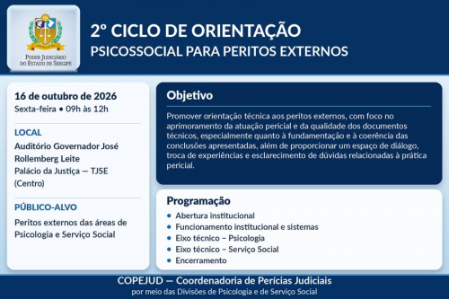 TJSE realizará 2º Ciclo de Orientação Psicossocial para Peritos Externos