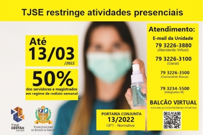 TJSE prorroga atividades presenciais com rodízio de 50% dos servidores até 13/03