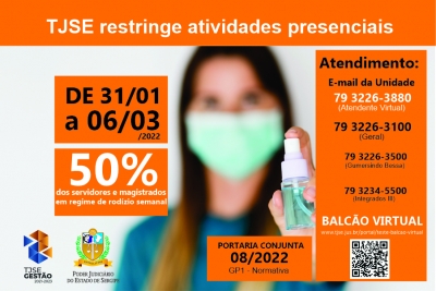 TJSE restringe atividades presenciais com rodízio de 50% dos servidores até 06/03